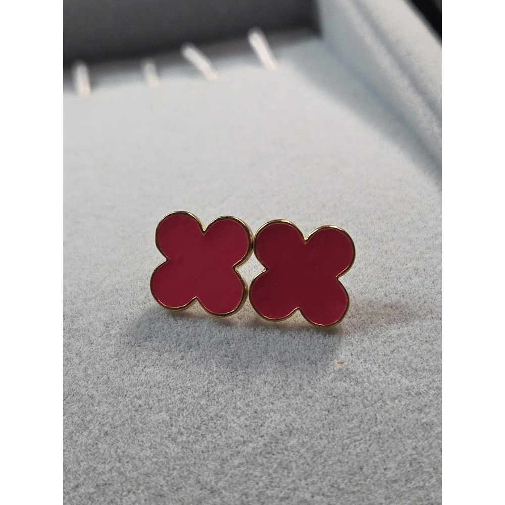 Fornash Pink Enamel Quatrefoil Stud Earrings Gold Tone Preppy Clover Studs